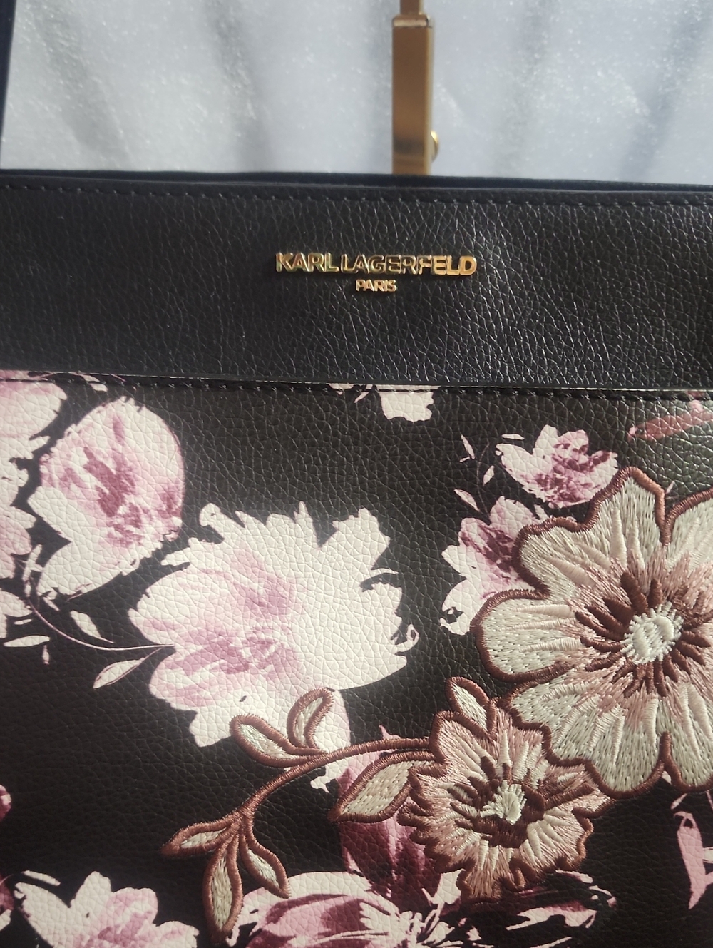 Karl Lagerfeld Shoulder Bag with Floral Panel & Studded Floral Cups Hangtag Euc - Picture 2 of 13